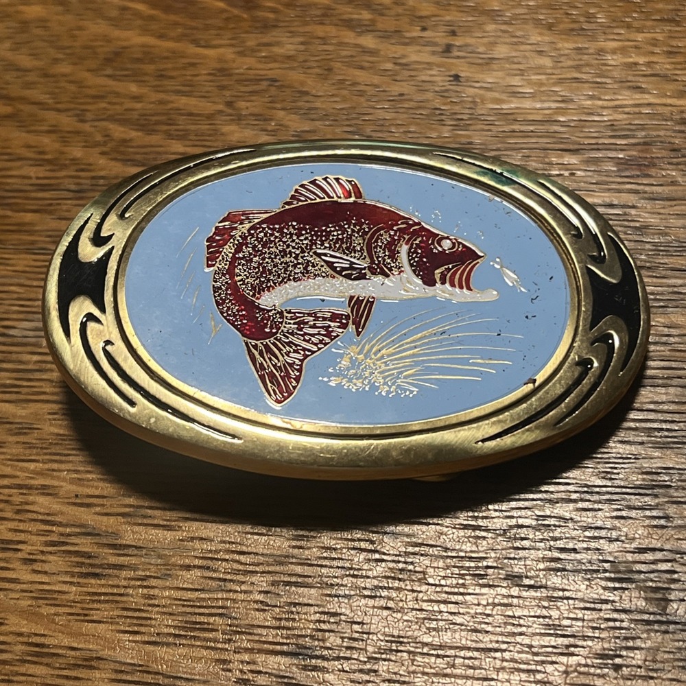 VTG 1983 NAP Inc Solid Brass Fish Belt Buckle F09– Fishing Bass Trout Enamel B4